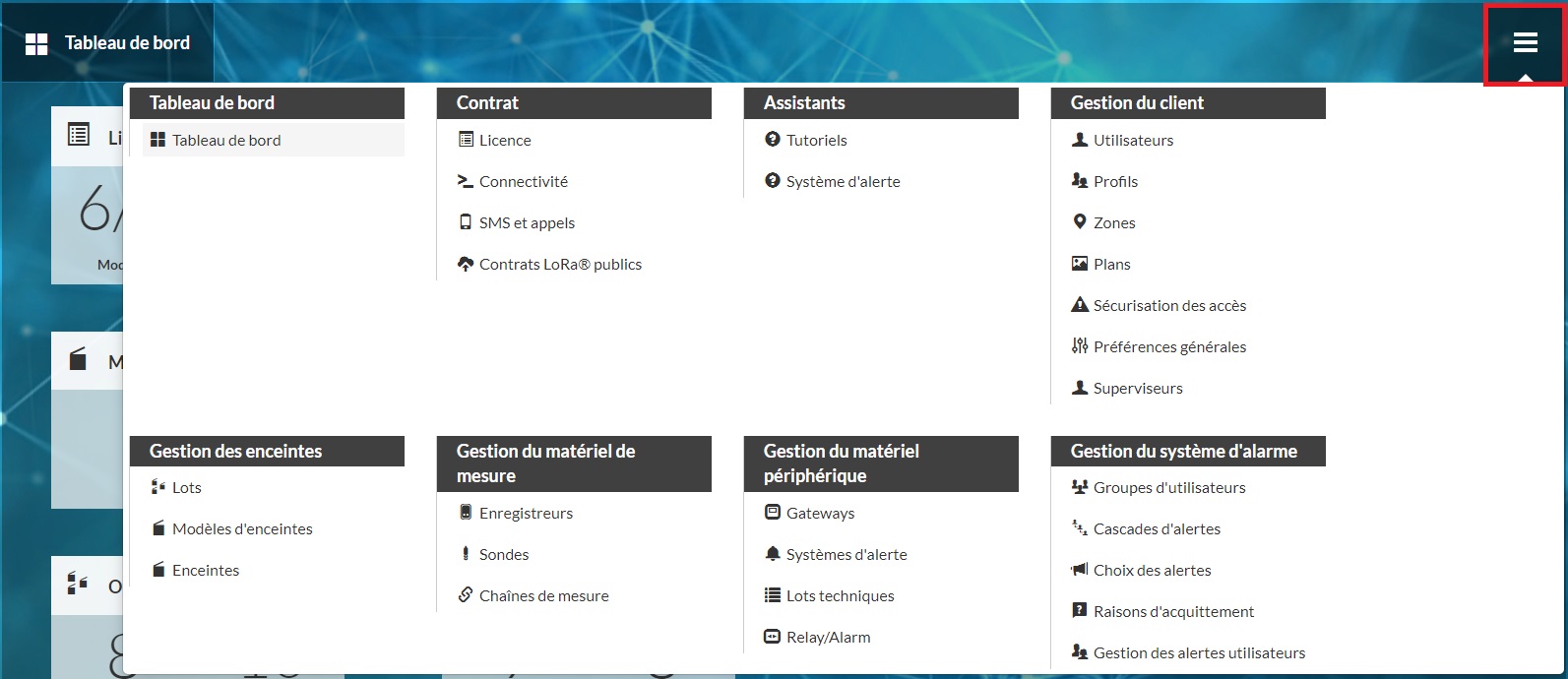 MENU TABLEAU DE BORD